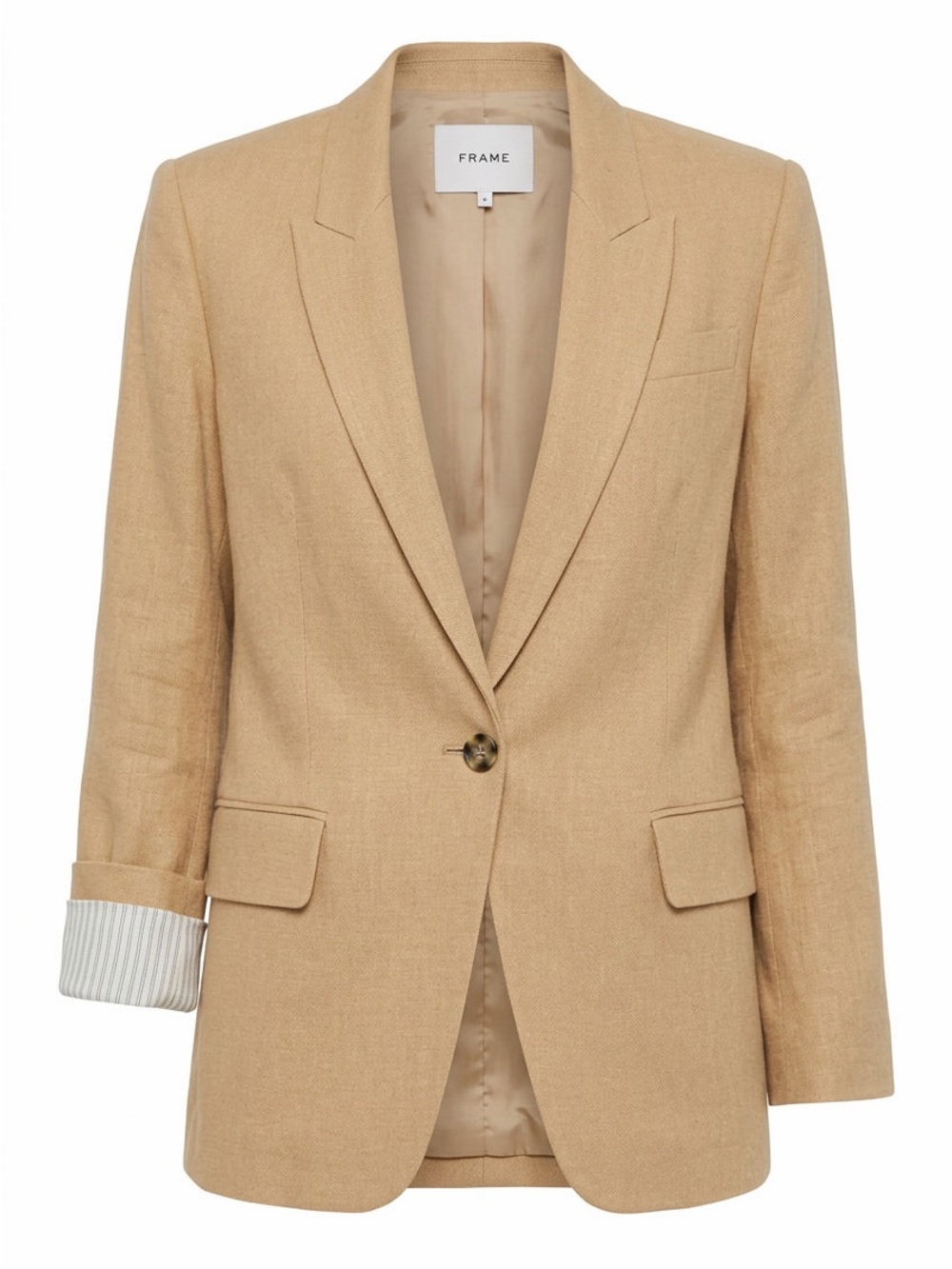 Frame Denim Beige/Tan Linen-Blend Single-Button Blazer and high waisted shorts